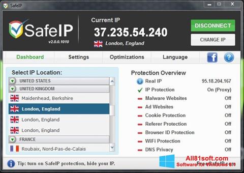 Ekrano kopija SafeIP Windows 8.1