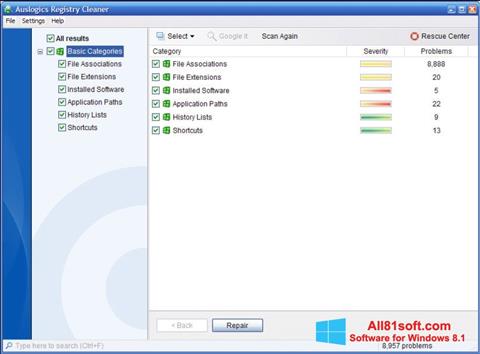 Ekrano kopija Auslogics Registry Cleaner Windows 8.1