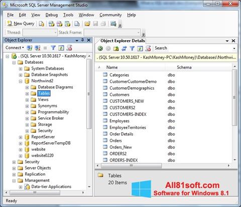 Ekrano kopija Microsoft SQL Server Windows 8.1