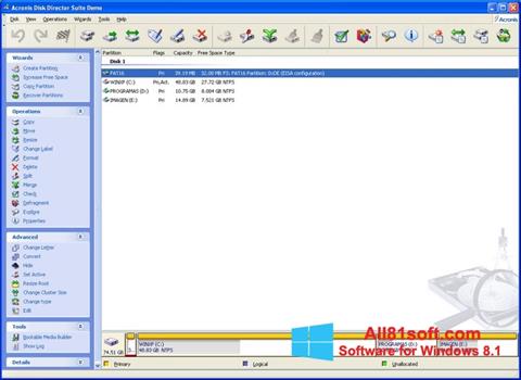 Ekrano kopija Acronis Disk Director Suite Windows 8.1