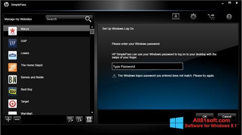 Ekrano kopija HP SimplePass Windows 8.1