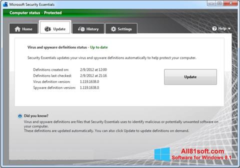 Ekrano kopija Microsoft Security Essentials Windows 8.1