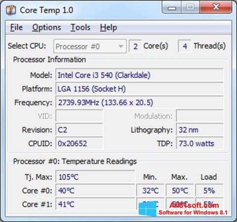 Ekrano kopija Core Temp Windows 8.1