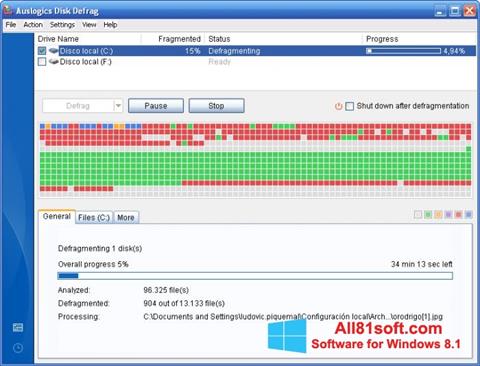 Ekrano kopija Auslogics Disk Defrag Windows 8.1