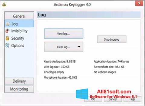 Ekrano kopija Ardamax Keylogger Windows 8.1